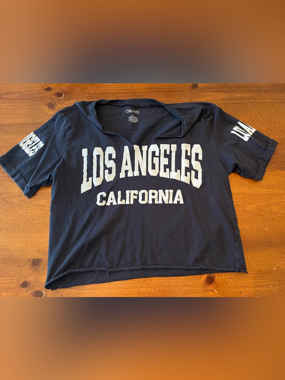 On Fire - Navy Blue Oversized Cropped Tee Los Angeles California - Size L